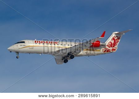 Moscow, Russia - March 14, 2019: Aircraft Bombardier Crj-200 Vq-bff Of Rusline Airine Going To Landi