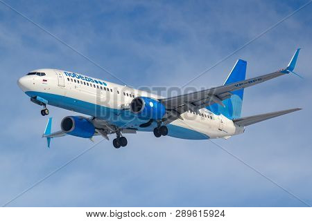 Moscow, Russia - March 14, 2019: Aircraft Boeing 737-800 Vp-bps Of Pobeda Airine Going To Landing At