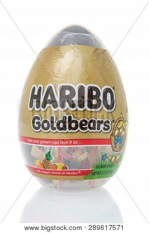 Winneconne, Wi - 10 March 2019: A Package Haribo Goldbears Gummi Candy Easter Egg  On An Isolated Ba