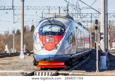 High-speed Train Sapsan. Fast Speed Travel Moscow - St. Petersburg. Station Lyuban, Russia, Leningra
