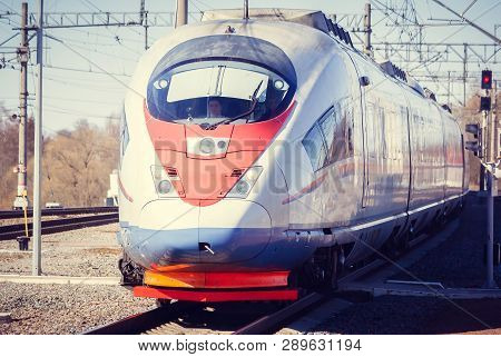 High-speed Train Sapsan. Fast Speed Travel Moscow - St. Petersburg. Station Lyuban, Russia, Leningra