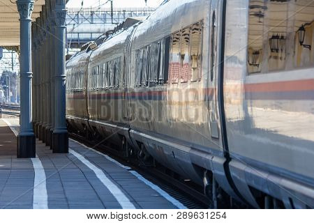 High-speed Train Sapsan. Fast Speed Travel Moscow - St. Petersburg. Station Lyuban, Russia, Leningra