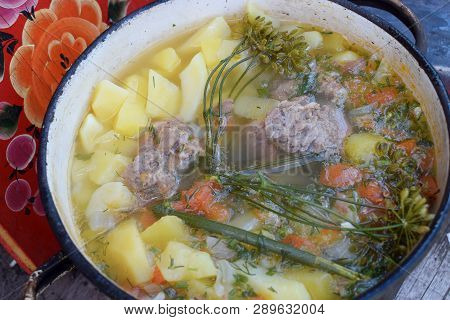 Soup With Meat Dill Potato Carrot Close Up Tasty Cooking Pan