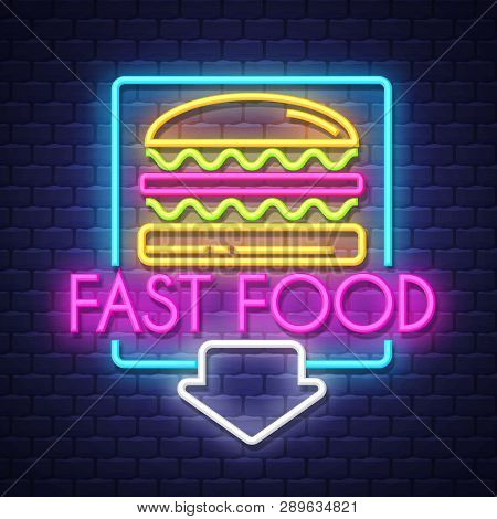 Fast Food- Neon Sign Vector On Brick Wall Background