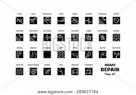 Home Repair And Building Set Of Square Icons. For Packaging, Label And Web Design. Isolated On White