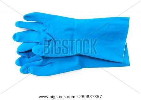 Blue Rubber Gloves For Cleaning On White Background, Workhouse Concept