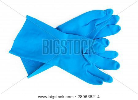 Blue Rubber Gloves For Cleaning On White Background, Workhouse Concept