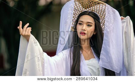 Close Up Portrait Beautiful Chinese Woman White Dress Traditional, Beautiful And Belligerent Face; A