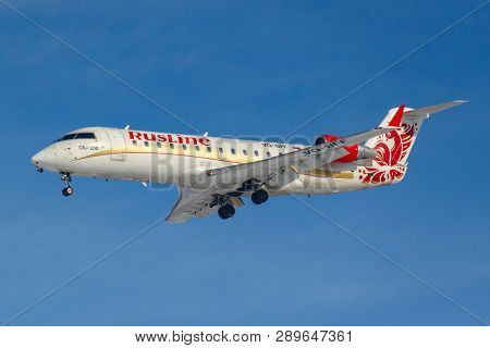 Moscow, Russia - March 14, 2019: Aircraft Bombardier Crj-200 Vq-bff Of Rusline Airine Going To Landi