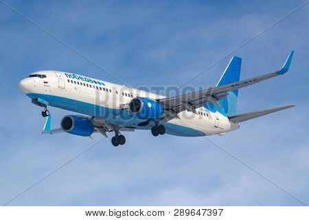 Moscow, Russia - March 14, 2019: Aircraft Boeing 737-800 Vq-btg Of Pobeda Airine Going To Landing At