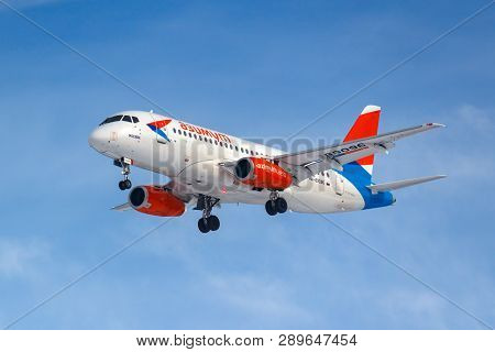 Moscow, Russia - March 14, 2019: Aircraft Sukhoi Superjet 100 Ra-89096 Of Azimuth Airlines Going To 