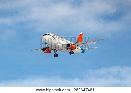 Moscow, Russia - March 14, 2019: Aircraft Sukhoi Superjet 100 Ra-89096 Of Azimuth Airlines Going To 