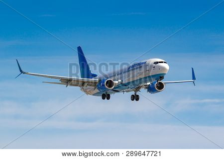 Moscow, Russia - March 14, 2019: Aircraft Boeing 737-8al(wl) Vp-bpx Of Pobeda Airine Going To Landin