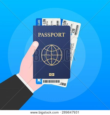 Passport For Travel And Tourism.  Passport In Hand. Man Holds In His Hand The Document. Vector Stock