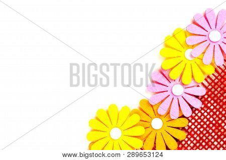 Birthday Gift Card With Red  Ribbon Decoration And Multicolor Flowers Laying On White Background