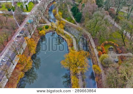 Koszalin, Poland - 06 March 2019 - Aerial View On Koszalin City Park On Spring With Lake, Dzierzecin