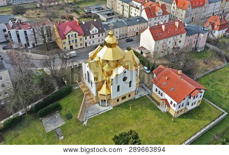 Koszalin, Poland - 06 March 2019 - Aerial View On Greek Catholic Church With Gold Roof At Niepodlegl
