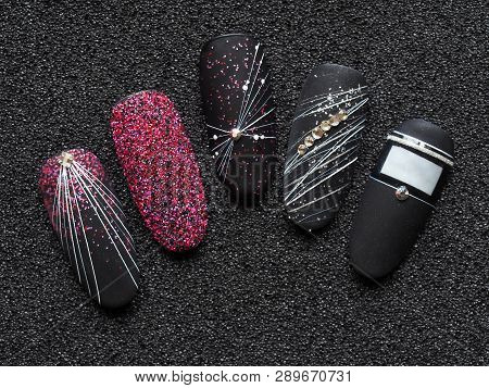 Stylish Design On Tips. Macro Texture Of Nails
