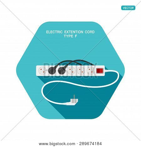 Vector Hexagon Icon Of Modern Six Socket Electric Extension Cord Type F With Red Switch, Two Plug Co