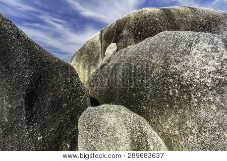 View Of A Group Of Big Stones On The Tanjung Tinggi Beach From Island Belitung/indonesia/