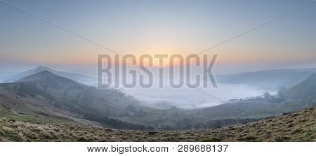 Beautiful Winter Sunrise Landscape Image Of The Great Ridge In The Peak District In England With A C
