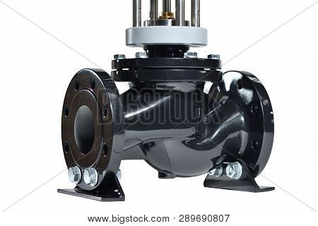 The Lower Part Of The Automatic Electric Valve Of Black Color For Water Supply Systems. Close-up