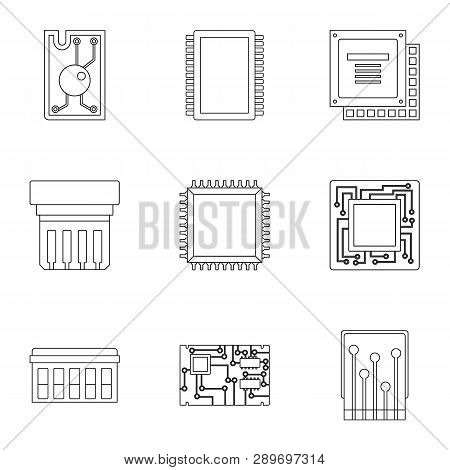 Microchip Icons Set. Outline Style Set Of 9 Microchip Icons For Web Design