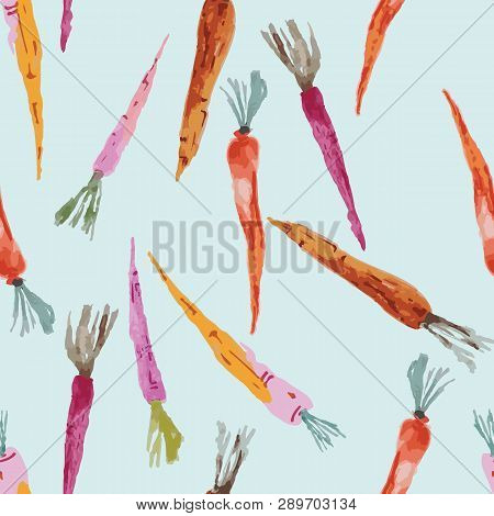 Hand Painted Watercolor Carrots On Blue Background Seamless Pattern.