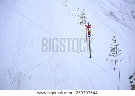 Snowmobile Path In Lycksele, Northern Sweden. The Sign Says - Do Not Depart From Path