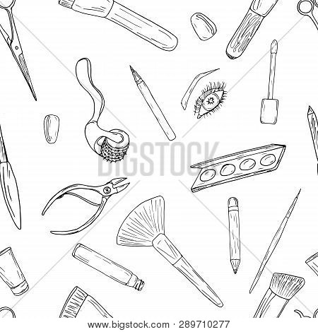 Cosmetics, Makeup And Beauty Hand Drawn Black White Elements. Seamless Background, Vector Illustrati
