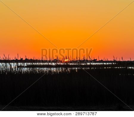 A Beautiful Orange Sunset In The Outer Banks, Pea Island North Carolina
