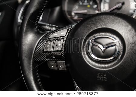 Novosibirsk, Russia - March 15, 2019:  Mazda Cx-5,close-up Of The Multiwheel With Phone Setting And 