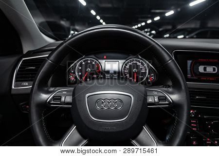 Novosibirsk, Russia - March 15, 2019:  Audi Q5,close-up Of The Dashboard, Speedometer, Tachometer An