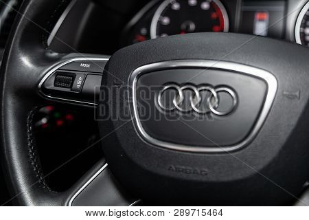 Novosibirsk, Russia - March 15, 2019:  Audi Q5,close-up Of The Multiwheel With Setting Buttons. Phot