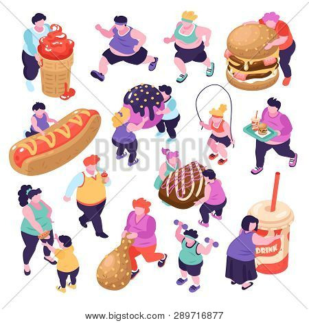 Men And Women Suffering From Gluttony And Doing Sports Isometric Icons Set Isolated On White Backgro