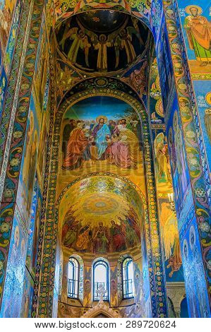 Saint Petersburg, Russia - September 9, 2017: Ornate Interior And Colorful Mosaic Icons Of The Churc