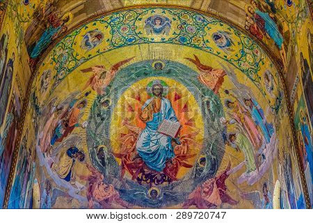 Saint Petersburg, Russia - September 9, 2017: Ornate Interior And Colorful Mosaic Icons Depicting Je