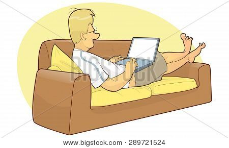 Freelancer Man, Works From Home, Sits On The Couch. Flat Vector Illustration In Cartoon Style.