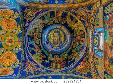 Saint Petersburg, Russia - September 9, 2017: Ornate Interior And Colorful Mosaic Icons Of Jesus Chr