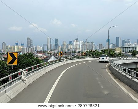 Jakarta, Indonesia - February 16, 2019: A Car Running On Jakarta Inner City Toll Road In Slipi Distr