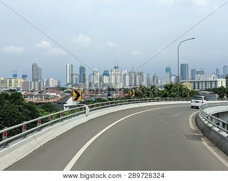 Jakarta, Indonesia - February 16, 2019: A Car Running On Jakarta Inner City Toll Road In Slipi Distr