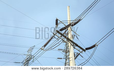 High Attena And Electric Cable Line On Electrict Station