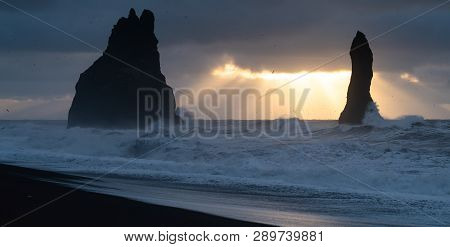 Rock Spire Of Reynisdrangur, Coast Of Reynisfjara Close To Vik, Iceland, Europe