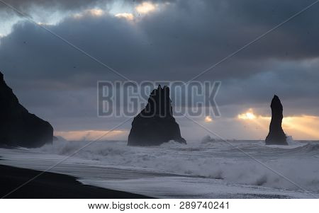 Rock Spire Of Reynisdrangur, Coast Of Reynisfjara Close To Vik, Iceland, Europe