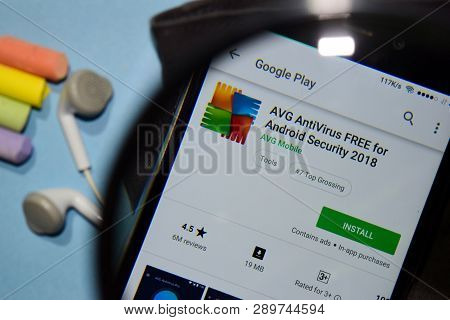 Bekasi, West Java, Indonesia. March 16, 2019 : Avg Antivirus Free For Android Security 2018 Dev App 