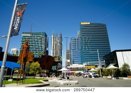 Perth, Australia - March 2, 2019: Cityscape Of Commercial Buildings & Newly Built Yagan Square