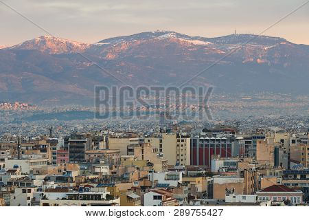 Athens, Greece - January 18, 2019: View Of Parnitha Mountain An City Of Athens, Greece.
