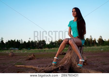 Young Girl In Turquoise Dress Sitting On A Stump On The Shore