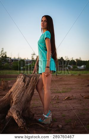 A Young Girl In A Turquoise Dress Stands Near A Stump On The Shore