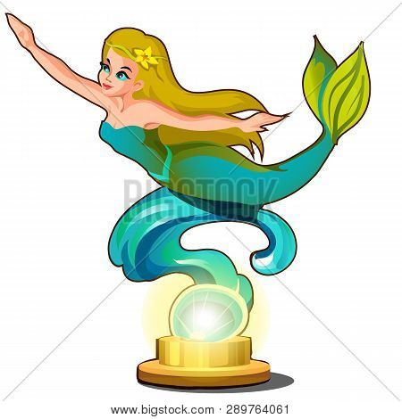 Statue Of A Young Beautiful Mermaid Girl Isolated On White Background. Vector Cartoon Close-up Illus